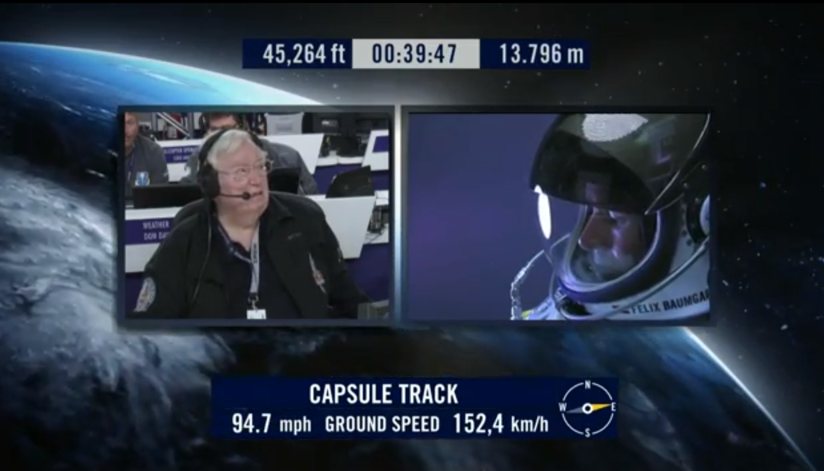 Felix har hela tiden kontakt med Joe Kittinger. Joe är den enda som pratar med Felix. Felix har hela tiden kontakt med Joe Kittinger. Joe är den enda som pratar med Felix.